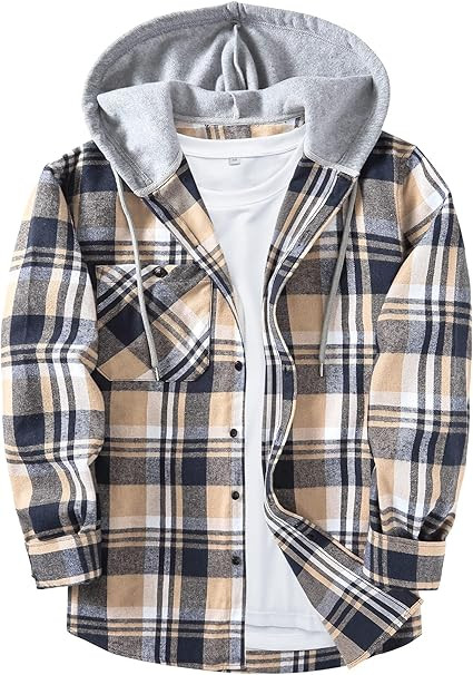 ZITY Men's Flannel Hoodie Shirts Casual Button Down Plaid Shirt Jackets for Men Long Sleeve Stylish Hooded with Pocket.