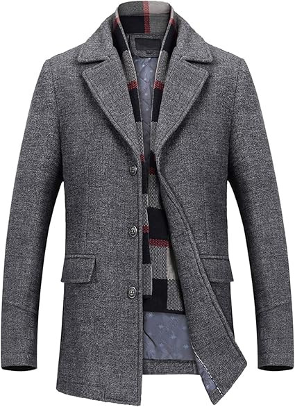 PRIJOUHE Men's Wool Coat Winter Coat Slim Medium Long Coats Overcoat Male