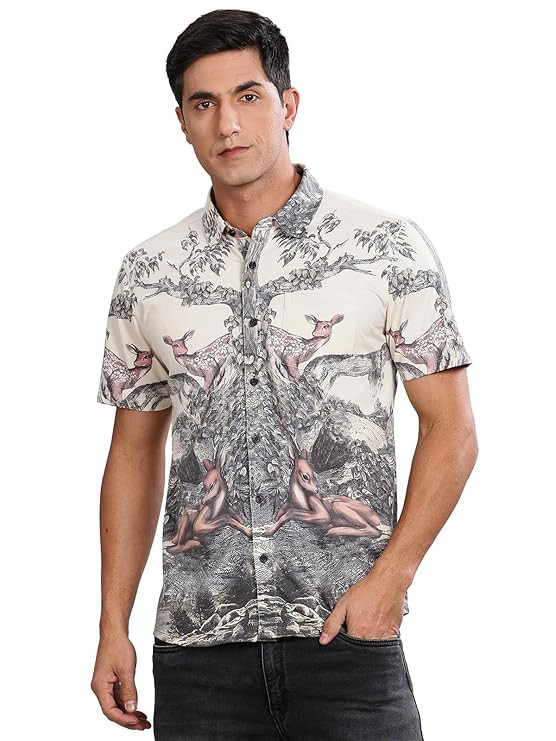 BULLMER Trendy Regular Fit Printed Half Sleeve Shirt for Men