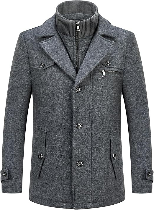 KUDORO Men's Wool Blend Trench Coat Slim Fit Overcoat with Detachable Stand Collar Single Breasted Classic Dress Coat